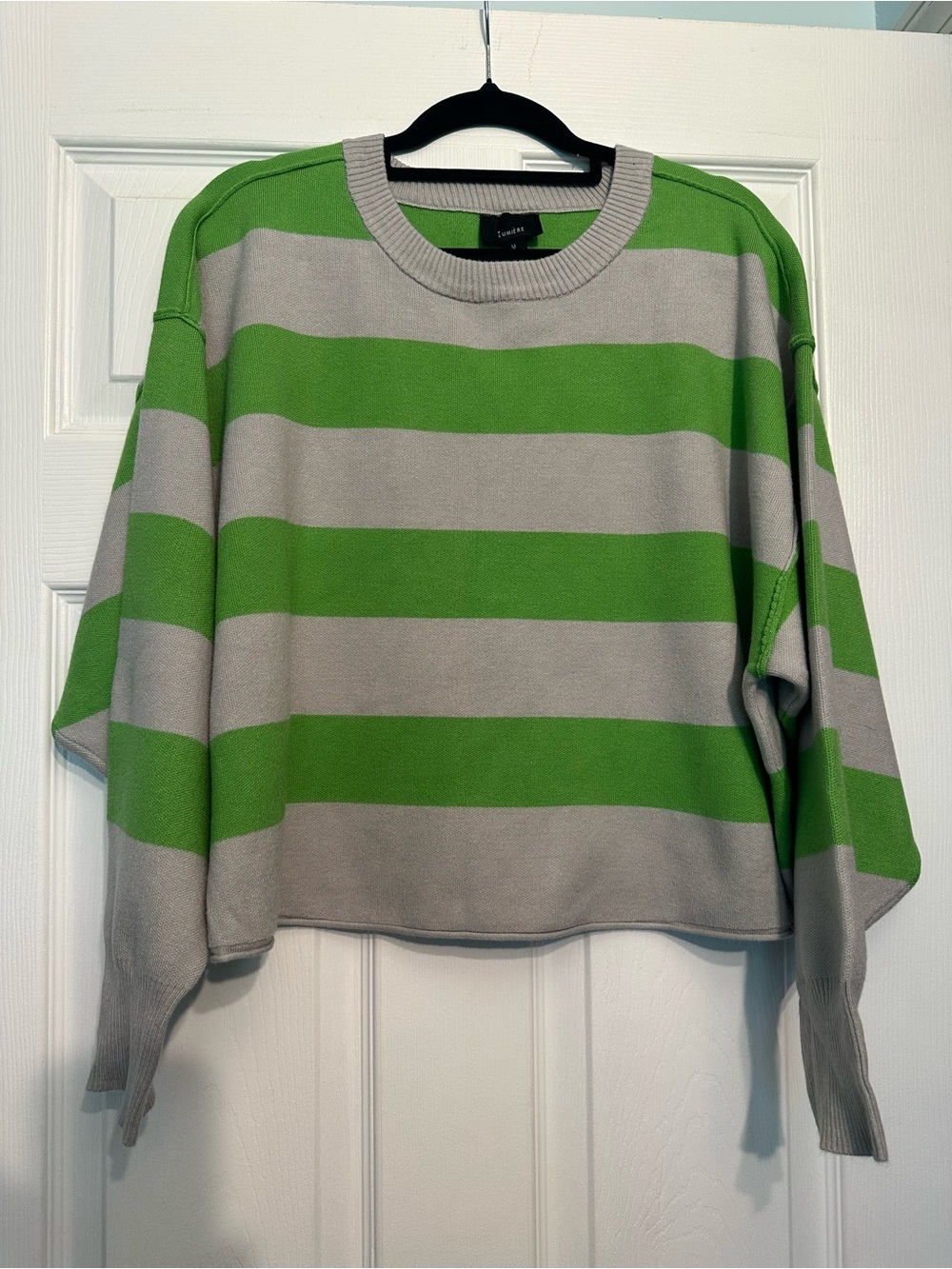 Lumiere Lime Green and Gray Striped Crewneck Sweater